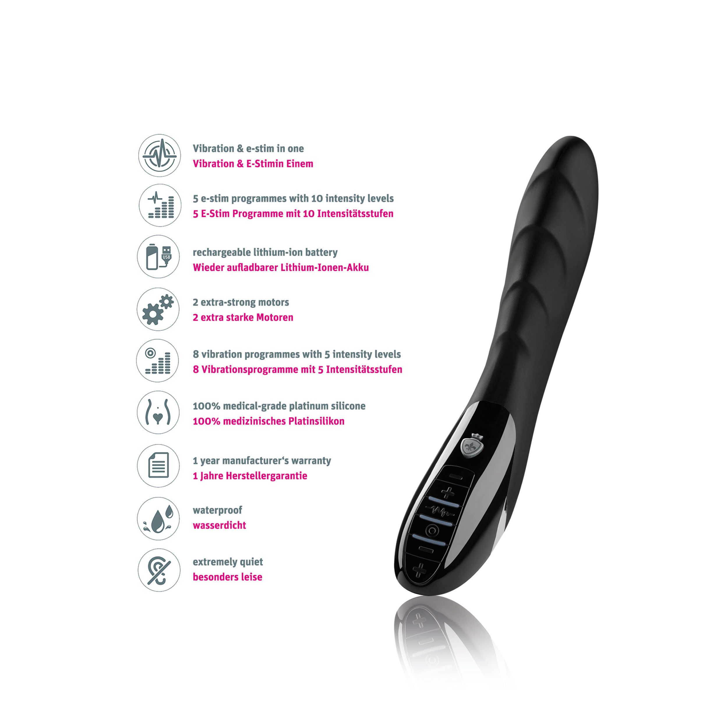 Produktinformationen. Text und Symbole. Vibration & E-Stim in einem. Wiederaufladbare Batterie.