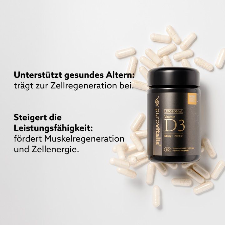 Schwarze Flasche mit Kapseln. Aufschrift: Liposomales Vitamin D3. Text: Unterstützt gesundes Altern. Steigert die Leistungsfähigkeit.