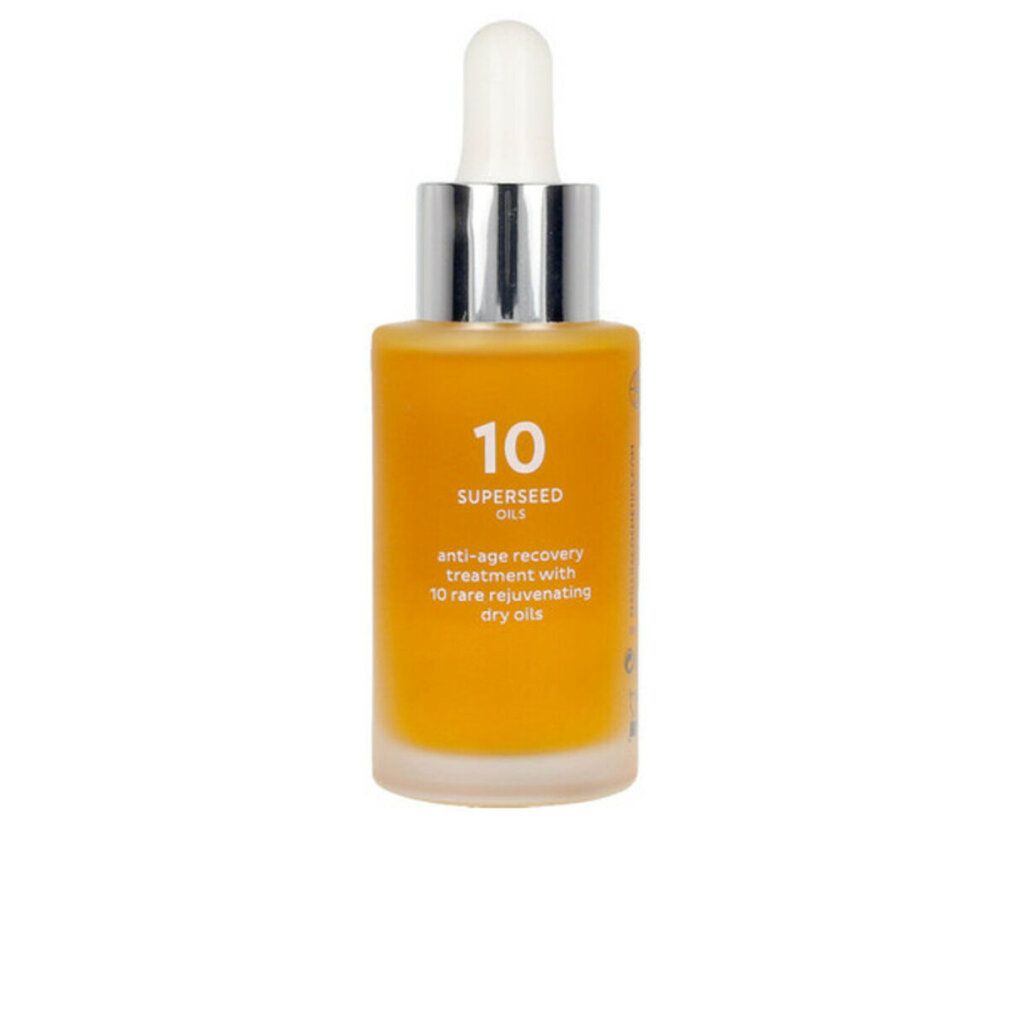 Gesichtsöl mit Pipette. Aufschrift: 10 SUPERSEED OILS. Anti-Aging-Behandlung mit 10 seltenen, verjüngenden Trockenölen.