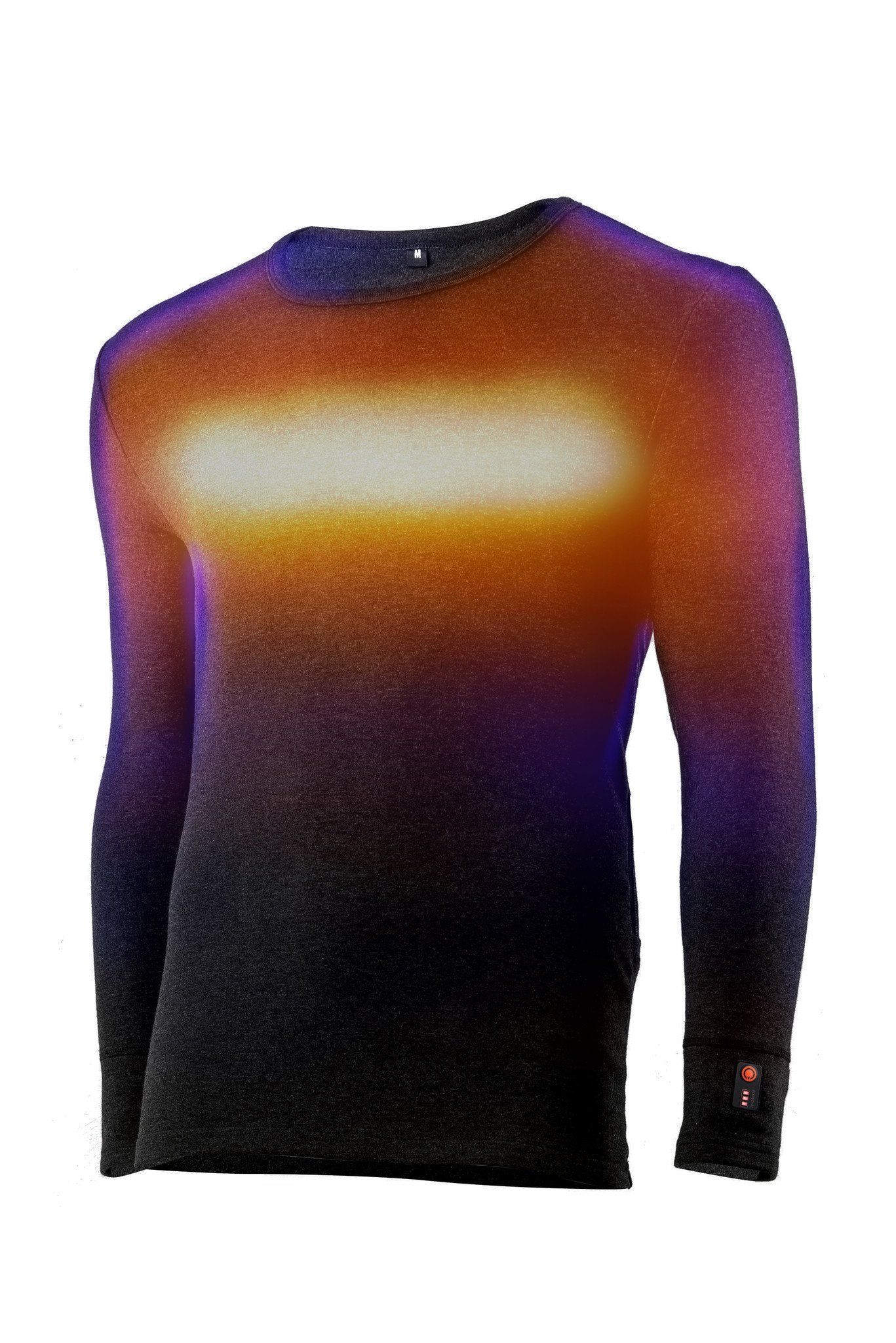 Schwarzes Thermo-Shirt mit Heizfunktion. Sichtbare Heizbereiche in Gelb und Orange. Rundhalsausschnitt. Manschette mit Bedienelementen.