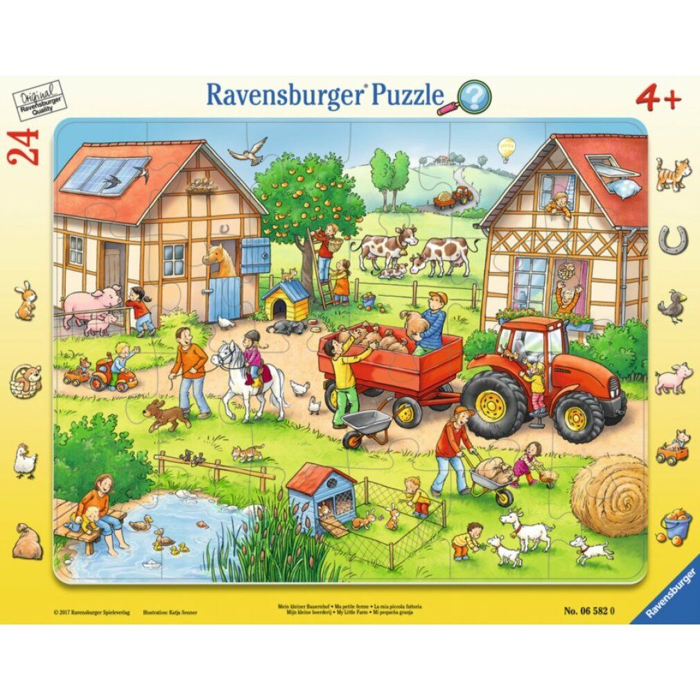 Puzzle mit Bauernhof-Motiv. 24 Teile. Ravensburger Puzzle. Für Kinder ab 4 Jahren. Rechteckige Form. Bunte Illustration mit Tieren und Menschen.