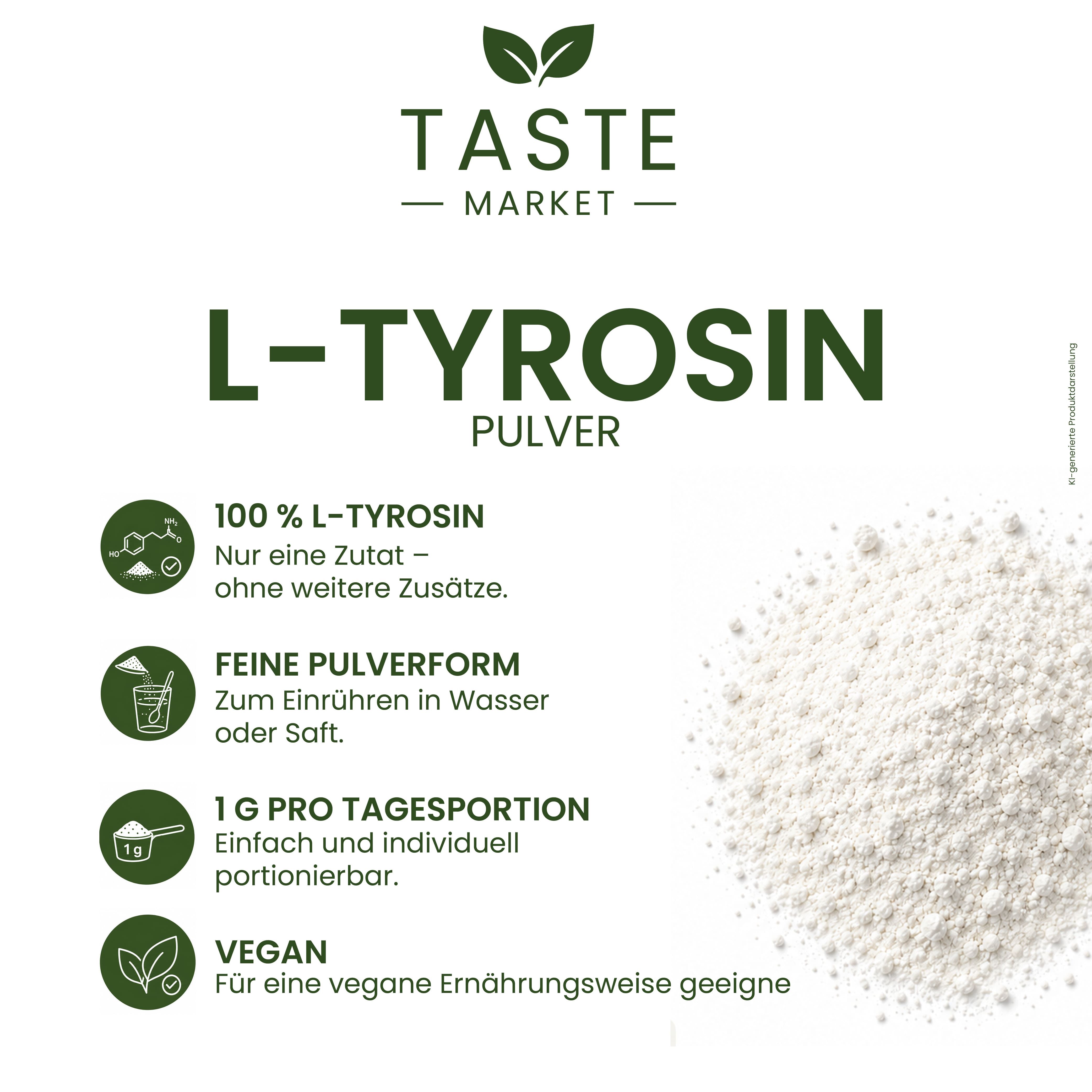 Taste Market L-Tyrosin Pulver: 100% L-Tyrosin, feine Pulverform, 1g pro Portion, vegan.