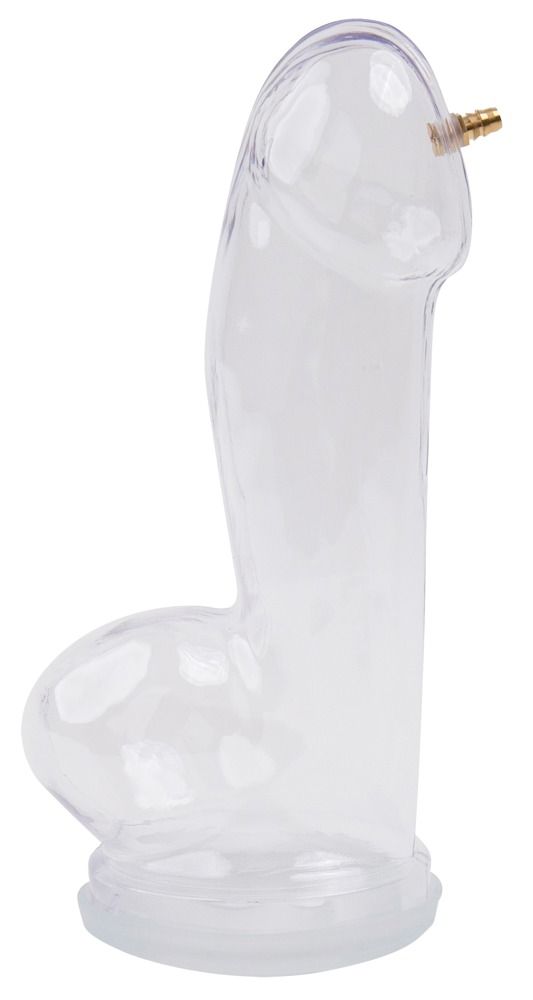 Klarer Penis-Zylinder mit Anschluss. Aus transparentem Material. Form eines Penis. Mit Sockel.