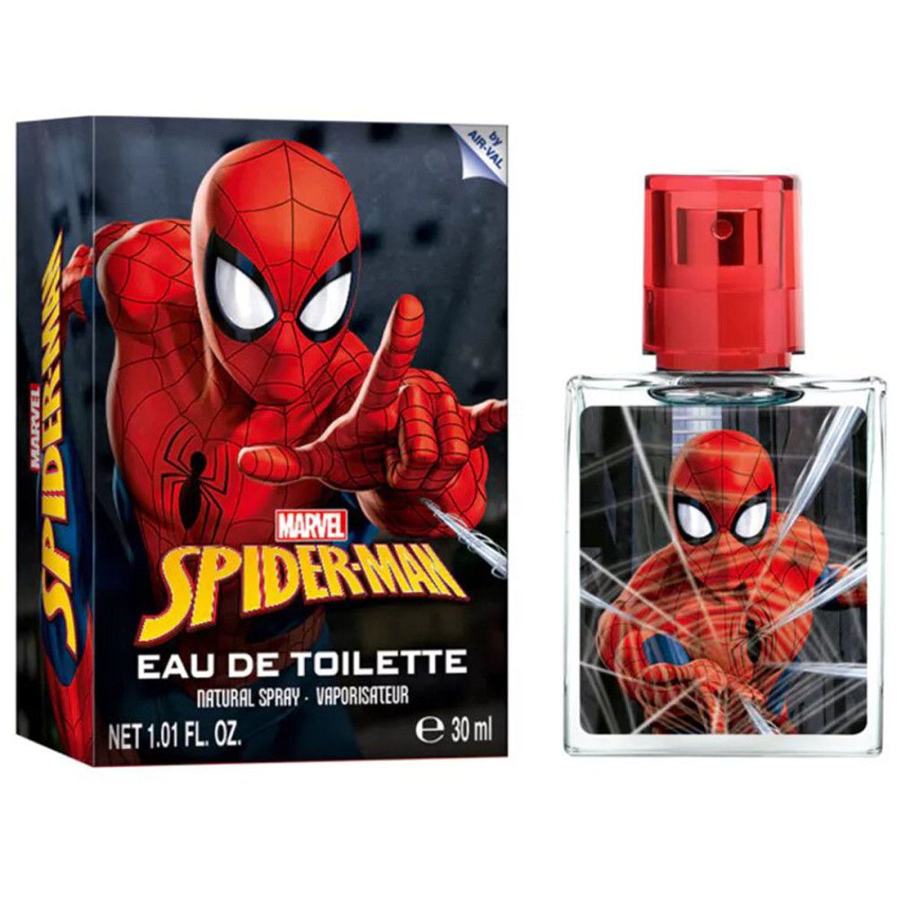 Verpackung und Flakon. Verpackung mit Spider-Man-Motiv und Schriftzug. Flakon mit rotem Sprühkopf.