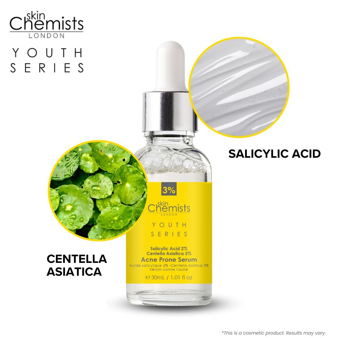 Serumflasche mit Inhaltsstoff-Illustrationen. Enthält Salicylsäure und Centella Asiatica. Gelbes Etikett.