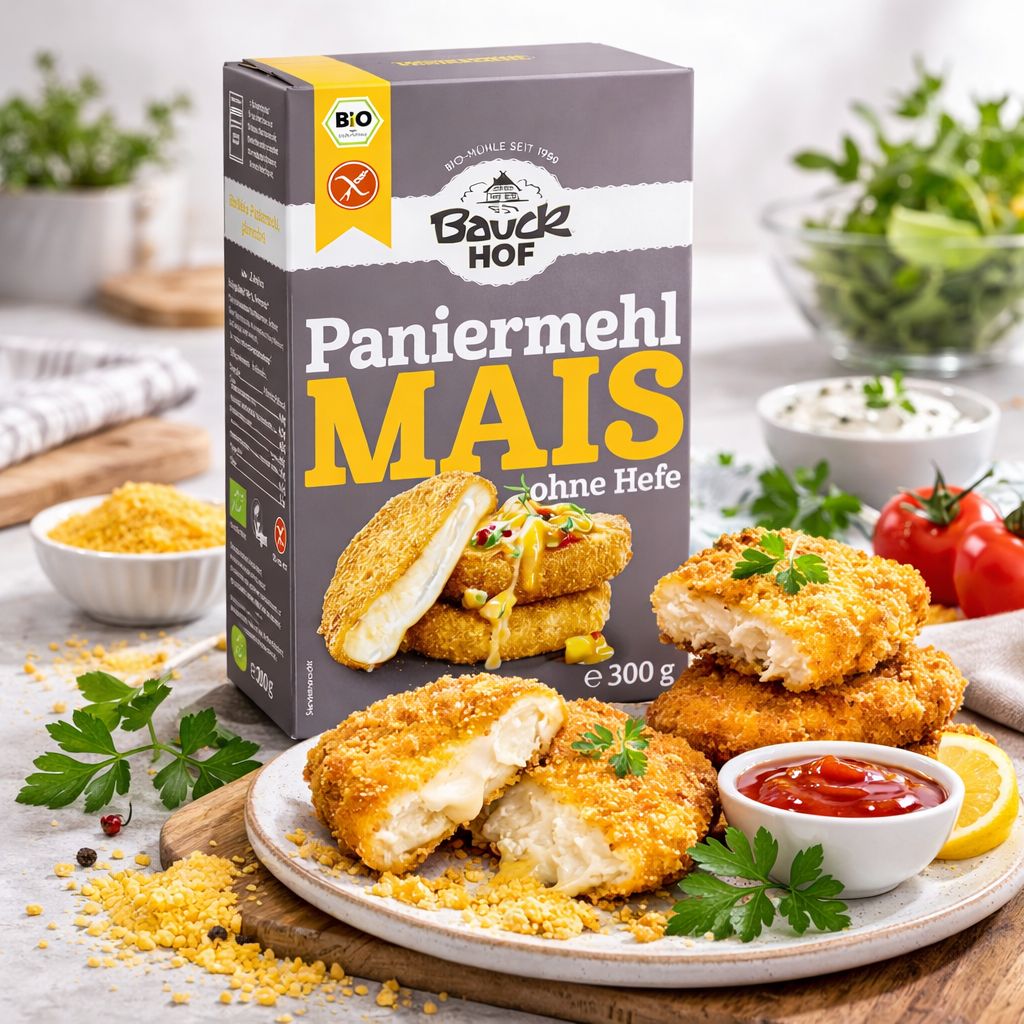 Bauckhof Mais Paniermehl glutenfrei Packung mit panierten Schnitzeln.