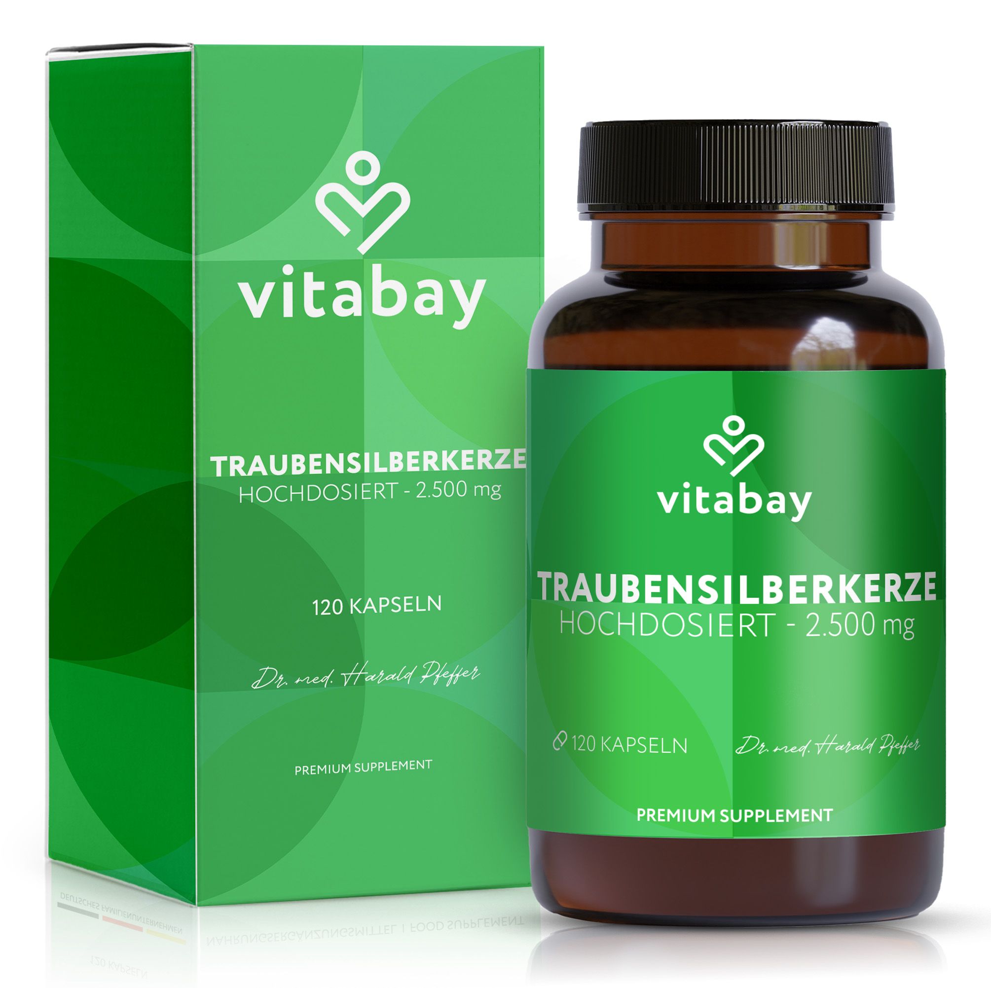 Vitabay Traubensilberkerze 2.500 mg, 120 Kapseln, in Schachtel und Flasche. Braune Flasche, grüne Schachtel. Text: Hochdosiert.