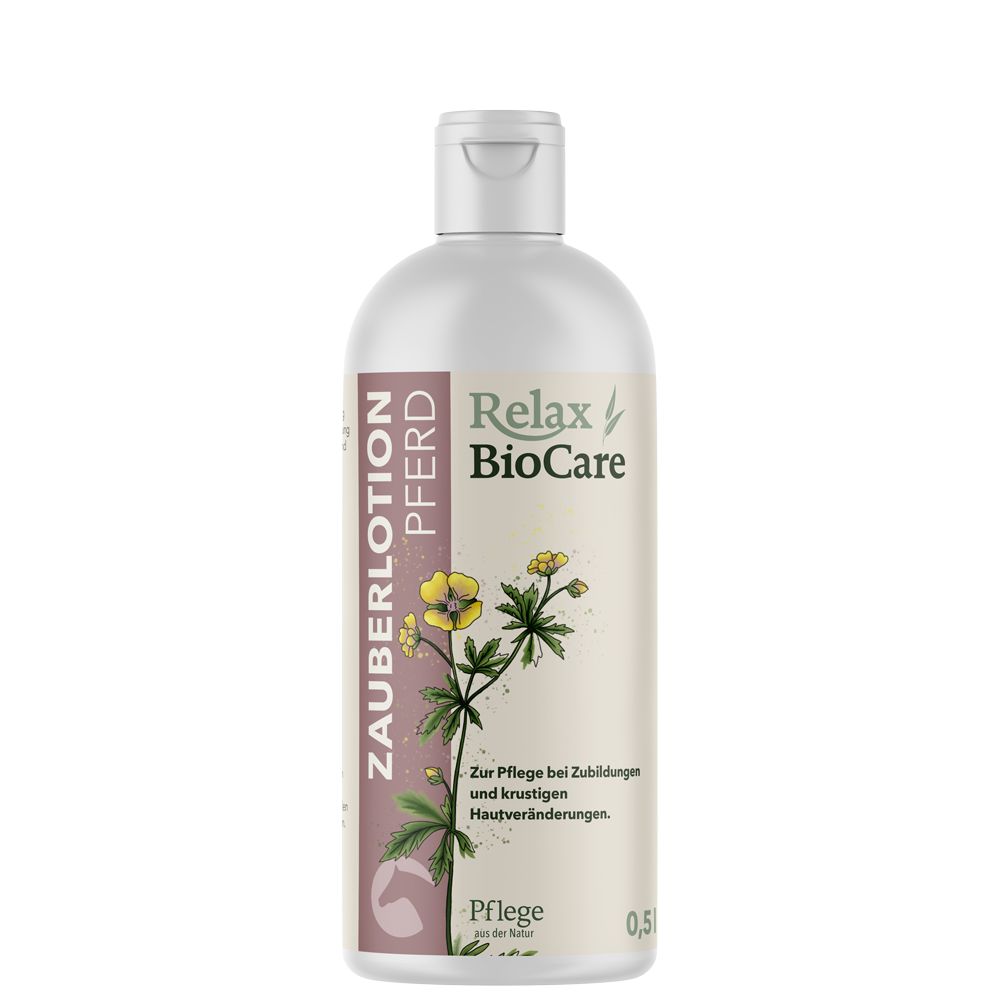 Flasche mit weißem Deckel. Aufschrift: Relax BioCare, Zauberlotion Pferd. Illustration einer Pflanze. Text: Zur Pflege bei Hautveränderungen.