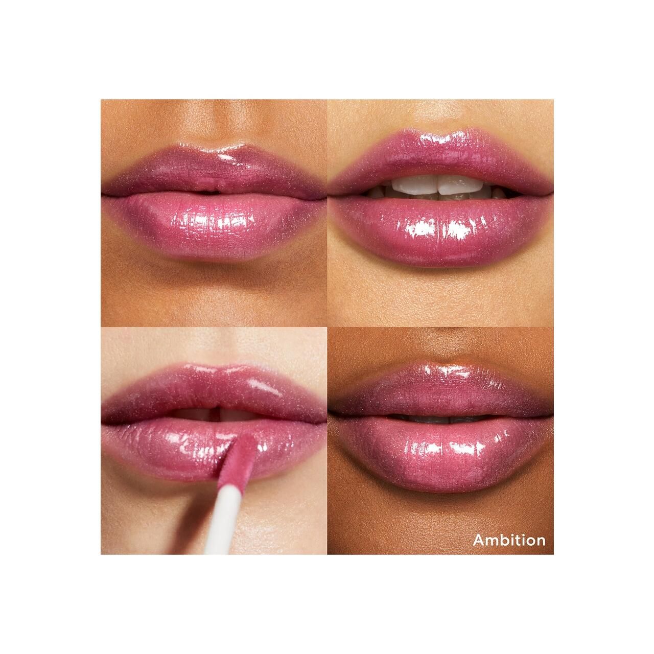 Vier Nahaufnahmen von Lippen mit glänzendem Lippenbalsam. Aufschrift: Ambition.