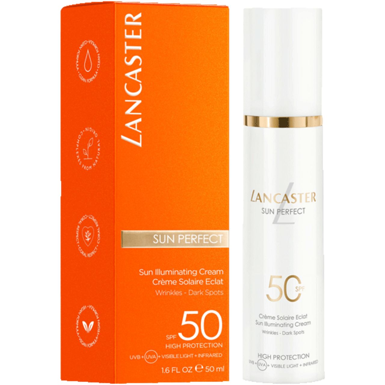 Lancaster Sun Perfect Illuminating Cream SPF50 Spenderflasche neben orangefarbener Faltschachtel.