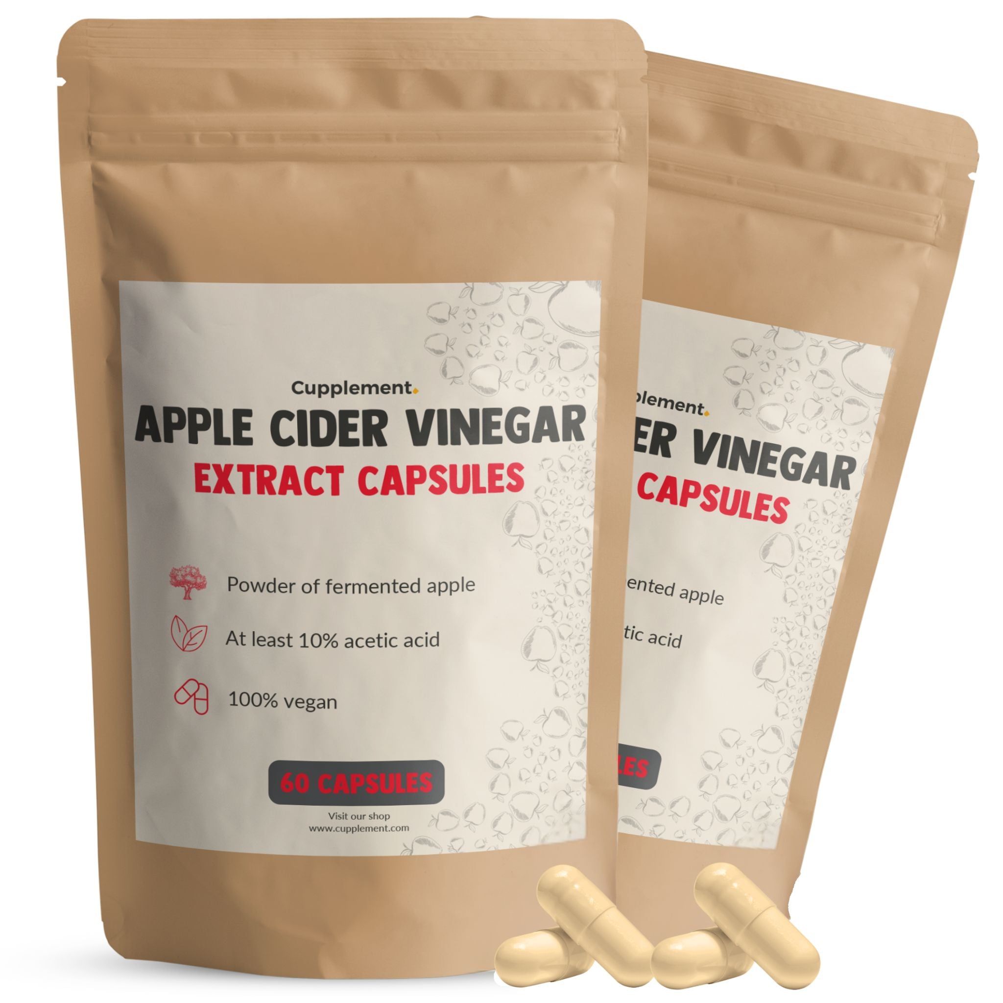 Zwei Beutel mit Kapseln. Aufschrift: Apple Cider Vinegar Extract Capsules. Enthält Apfelessig-Extrakt.