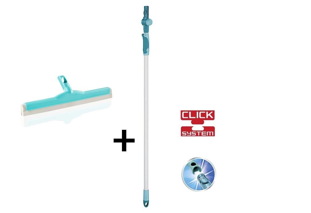 Teleskopstiel mit Gelenk und Wasserschieber. Türkis und silberfarben. Click-System-Logo. Produktabbildung.