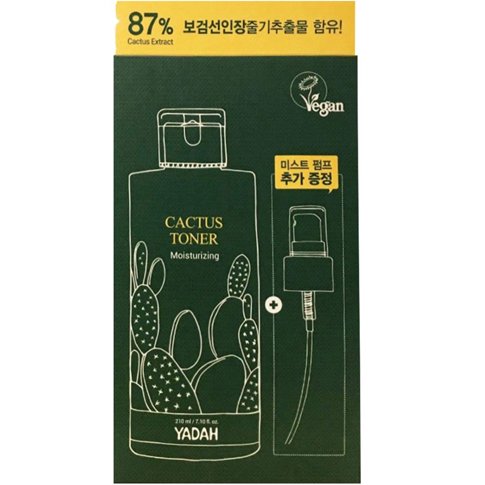Verpackung mit Toner-Flasche und Sprühkopf. Aufschrift: Cactus Toner, YADAH. Vegan-Siegel. 87% Kaktus-Extrakt.