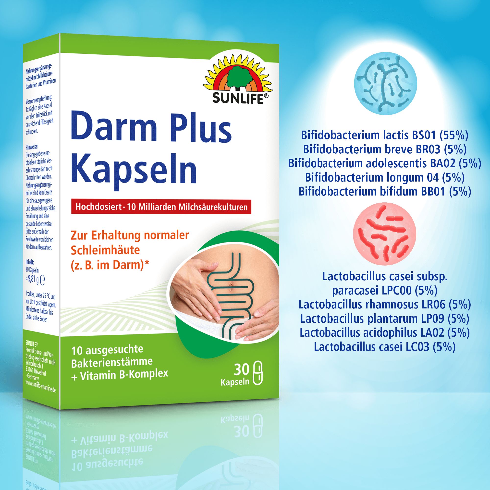 Verpackung von SUNLIFE® Darm Plus Kapseln. Aufschrift: Darm Plus Kapseln, 10 Milliarden Bakterien, 30 Kapseln. Grün-weiße Schachtel.