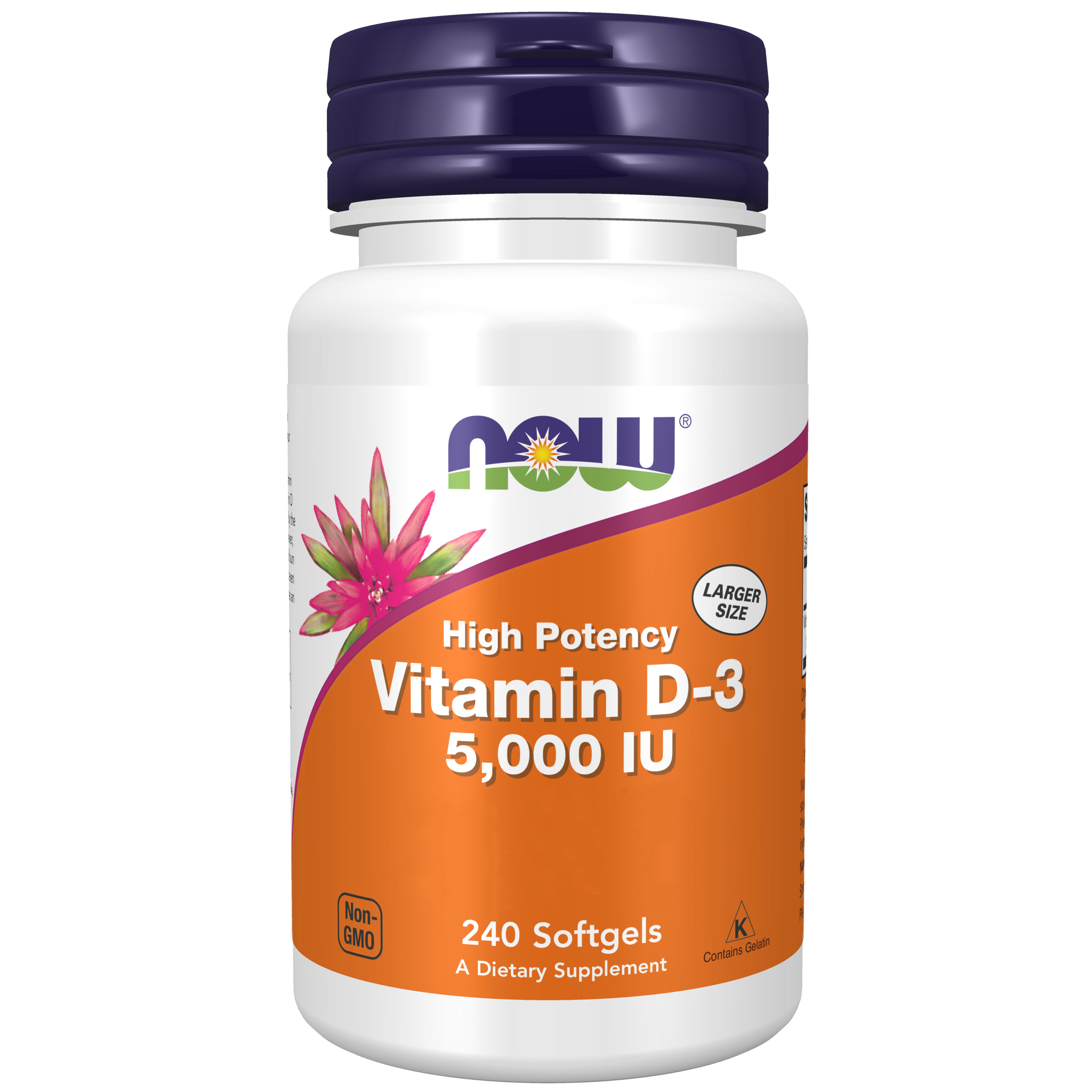 Weiße Flasche mit blauem Deckel. Aufschrift: Vitamin D-3, 5.000 IU, 240 Softgels. Marke: NOW.