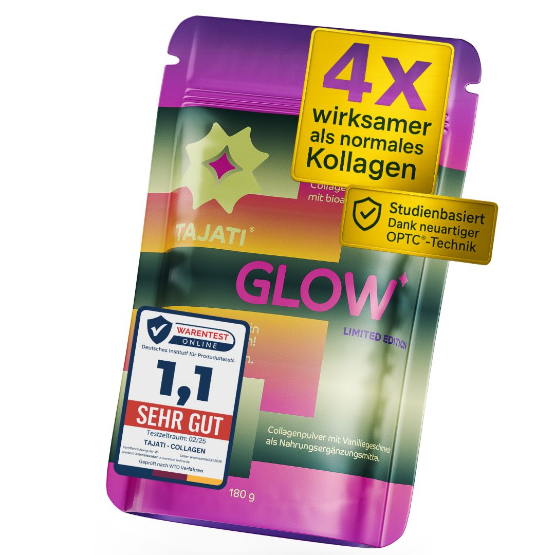 TAJATI® Glow-Beutel. 4x wirksamer als normales Kollagen. Studienbasiert. 1,1 Sehr Gut.