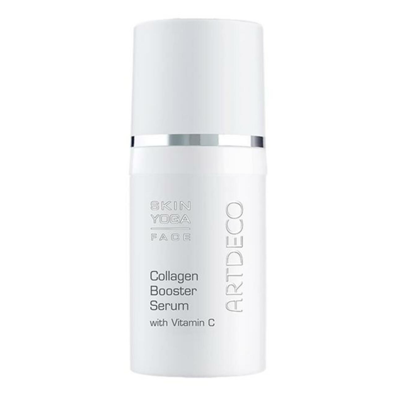 Weißer Serum-Spender mit Aufschrift 'Artdeco Collagen Booster Serum' mit Vitamin C. Zylindrische Form.