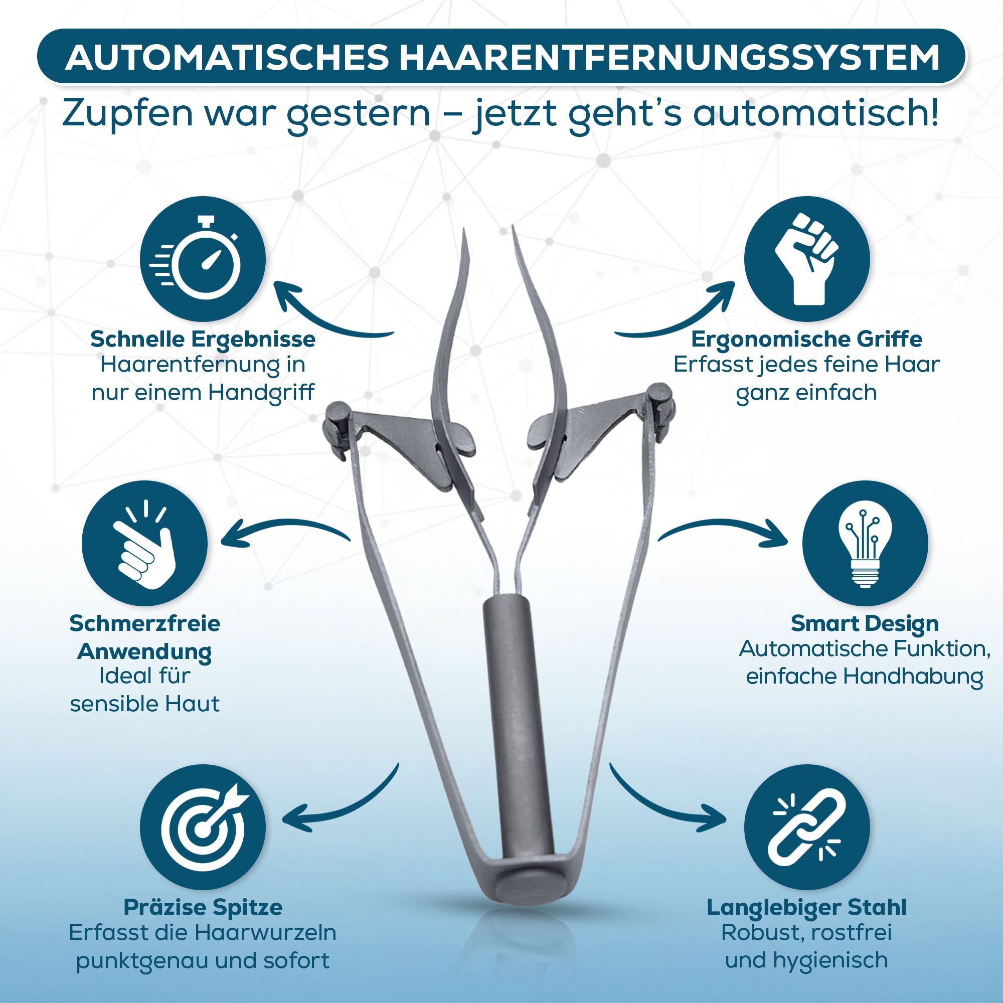 REMOS Pinzette: Automatisches Haarentfernungssystem mit ergonomischen Griffen und präziser Spitze.