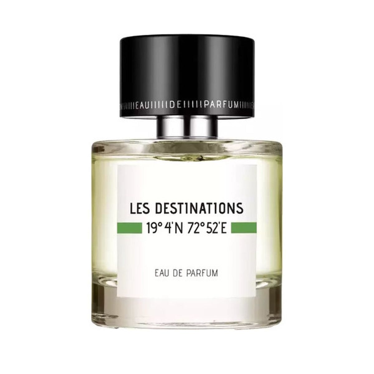 Parfümflakon mit schwarzem Deckel. Auf dem Etikett steht "LES DESTINATIONS 19°4'N 72°52'E Eau de Parfum".