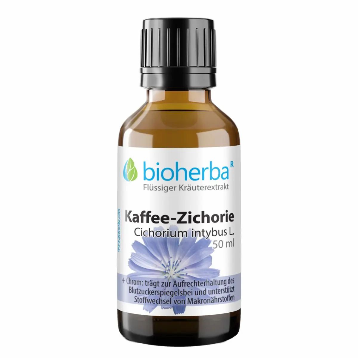 Braune Glasflasche mit schwarzem Deckel. Etikett mit Produktnamen und Logo. Enthält Kräuterextrakt.