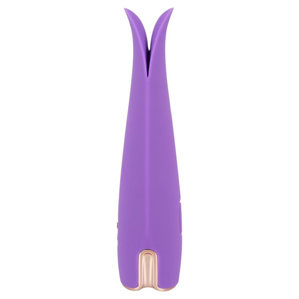 Lila Vibrator mit zwei Blütenblatt-förmigen Enden. Goldfarbener Akzent am unteren Ende.