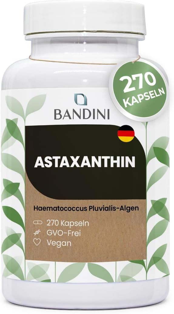 Weiße Flasche mit Astaxanthin Kapseln. Aufschrift: 270 Kapseln, Haematococcus Pluvialis-Algen, GMO-frei, Vegan.