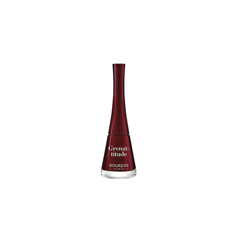 Bordeauxrote Nagellackflasche. Aufschrift: Grenat-titude, Bourjois Paris.