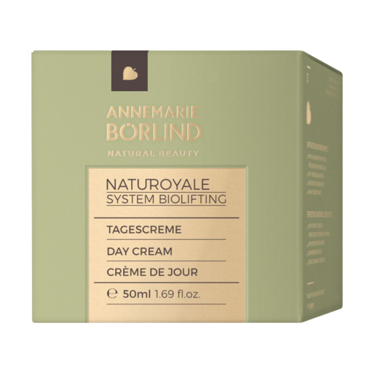 Grüne Verpackung mit Aufschrift: ANNEMARIE BÖRLIND, NATUROYALE SYSTEM BIOLIFTING, TAGESCREME, DAY CREAM, CRÈME DE JOUR.