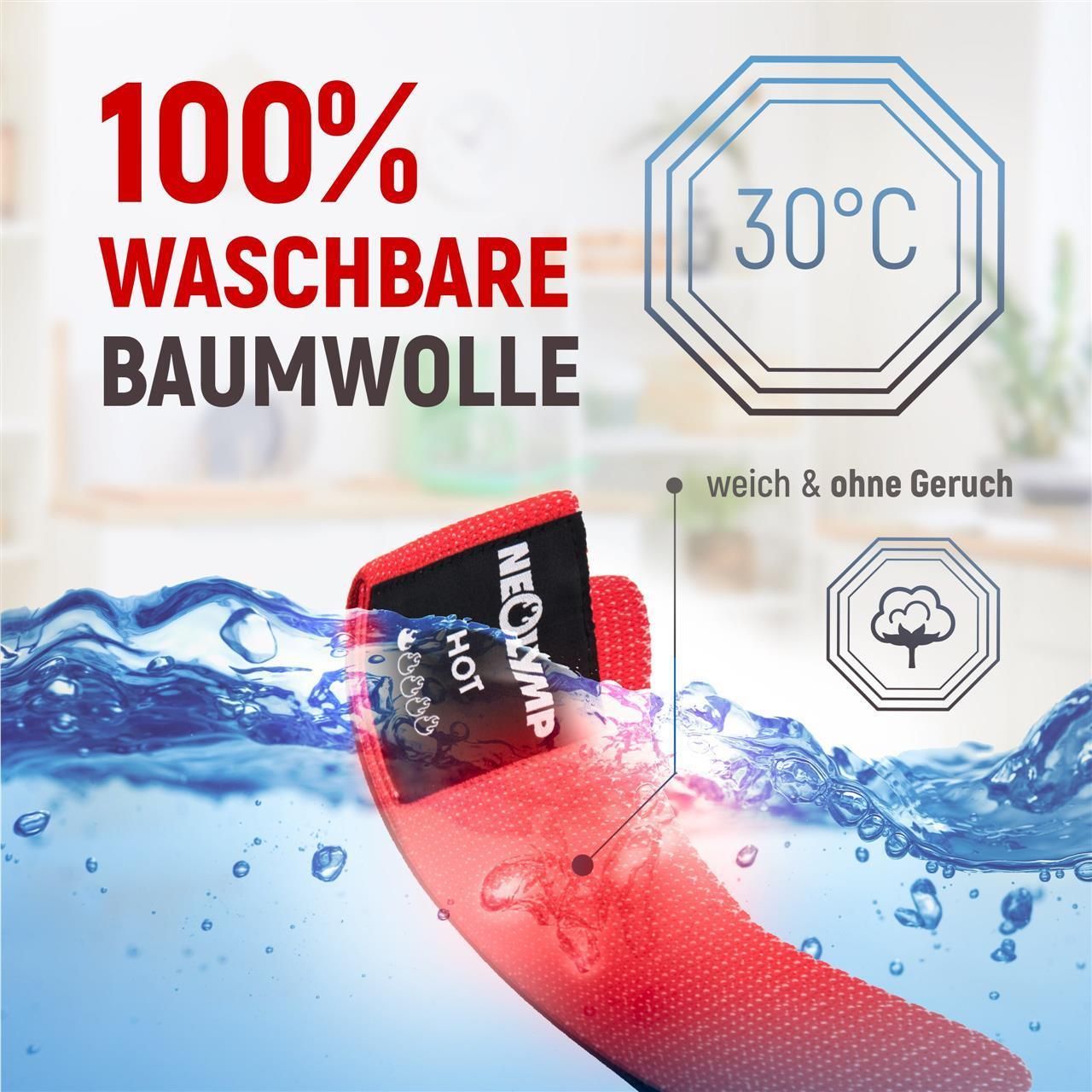 Rotes Stoff-Fitnessband in Wasser. Text: 100% waschbare Baumwolle.