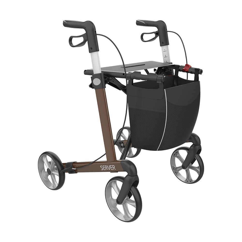 Rollator mit braunem Rahmen, schwarzen Griffen und Rädern. Schwarze Tasche vorne. Silberne Räder. Aufschrift SERVER.