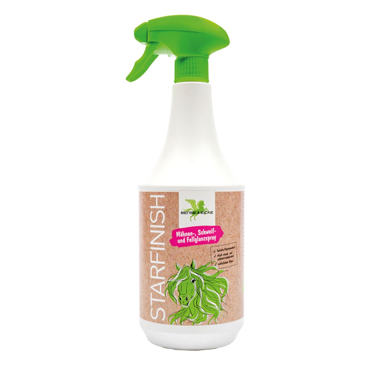 Sprühflasche mit grünem Sprühkopf. Aufschrift STARFINISH und Logo. Etikett mit Illustration eines grünen Pferdes.