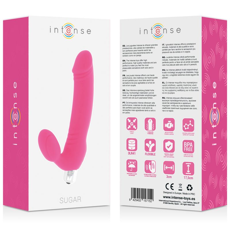 Produktverpackung mit rosa Vibrator. Auf der Verpackung steht "Intense" und "Sugar".