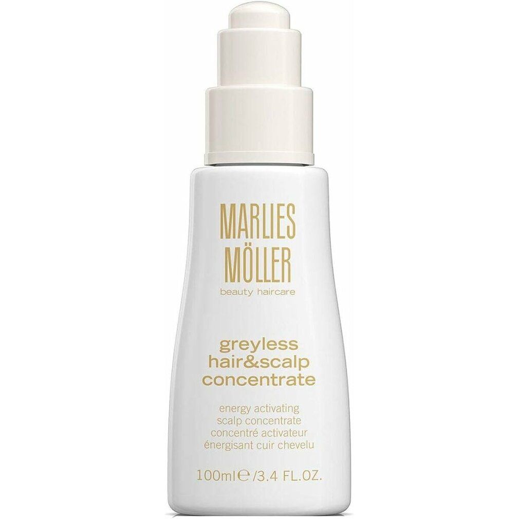 Weißes Fläschchen mit Pumpe. Aufschrift: Marlies Möller, Greyless Hair & Scalp Concentrate. Zusätzliche Textzeilen.
