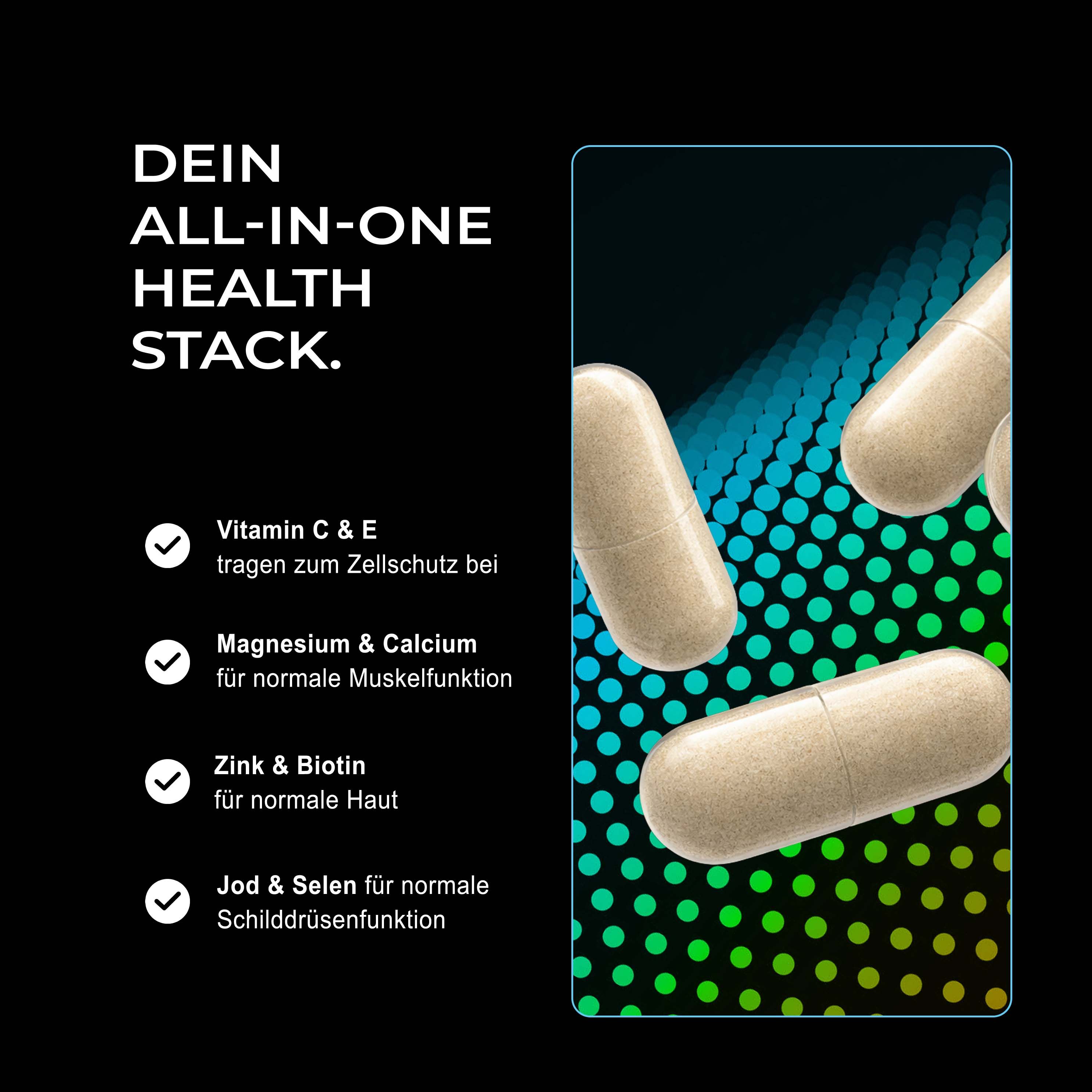 Neosupps Health Stack: Vitamine C & E für Zellschutz, Magnesium & Calcium für Muskelfunktion, Zink & Biotin für Haut.