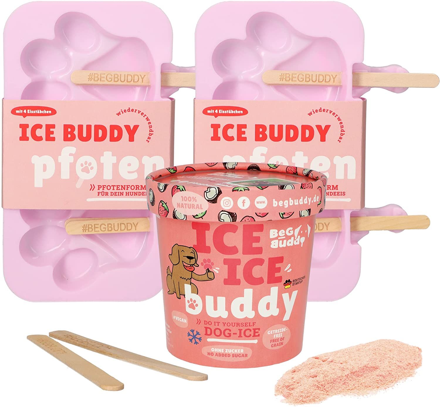 Rosa Eisformen in Pfotenform, Eisbecher, Holzstäbchen und Pulver. Aufschrift: Ice Buddy, #BEGBUDDY.
