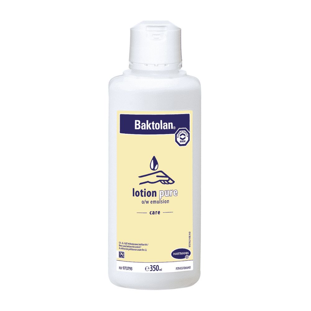 Weiße Flasche mit Klappverschluss. Aufkleber mit "Baktolan lotion pure". Logo: Hand mit Tropfen. "care" darunter.
