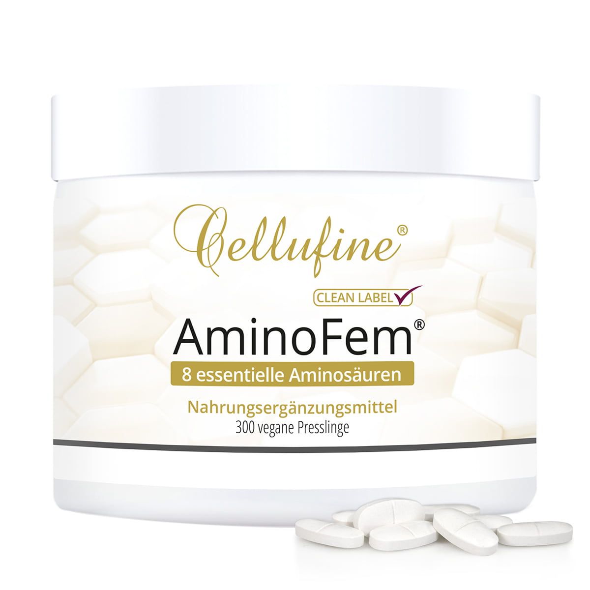 Produktabbildung. Zeigt eine Dose Cellufine® AminoFem® Aminosäuren und Tabletten. Text: Nahrungsergänzungsmittel, 300 vegane Presslinge.