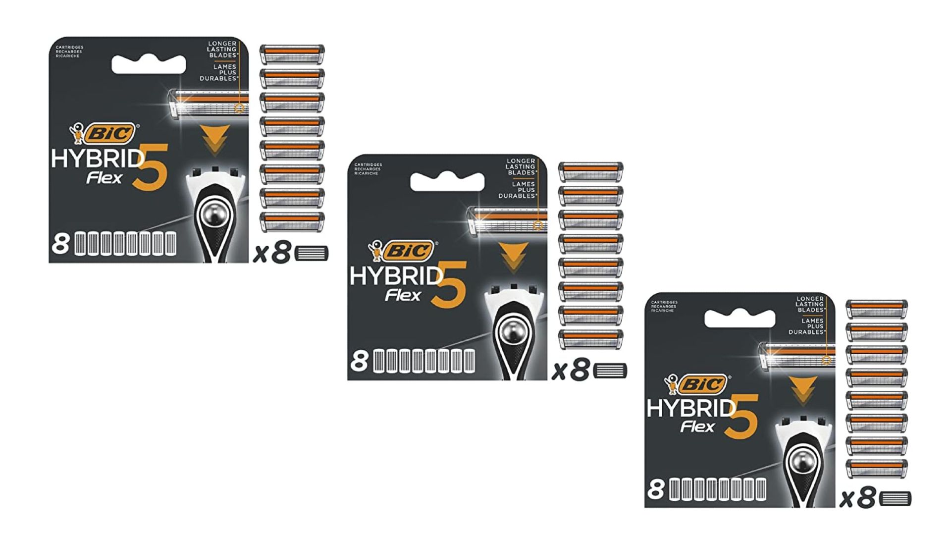 Drei Packungen BIC Hybrid 5 Rasierklingen. Jede Packung enthält 8 Klingen. Schwarze Verpackung mit weißer Schrift.