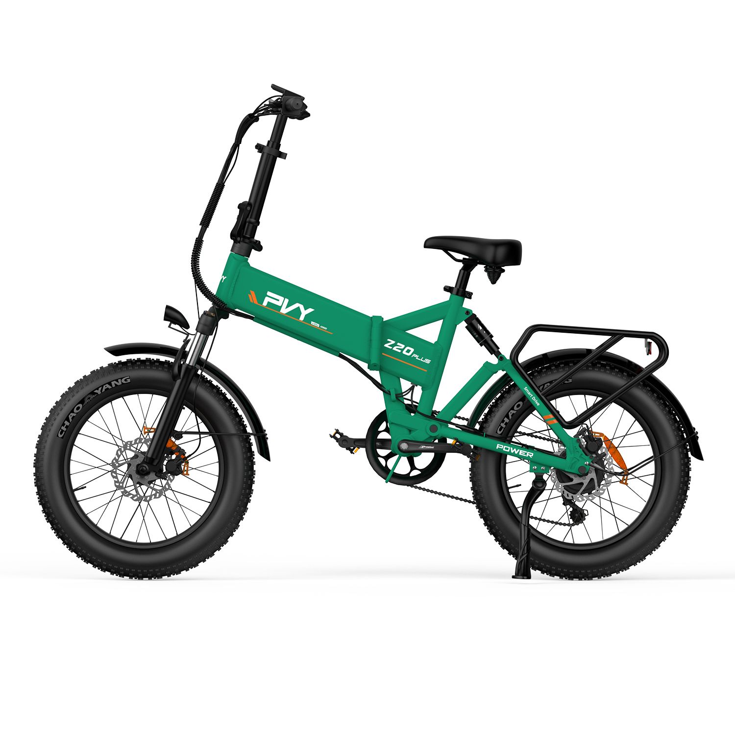 Grünes PVY Z20 Plus E-Bike mit Dreifachfederung. Schwarze Reifen, Gepäckträger und Sattel. Sichtbare Schriftzüge.