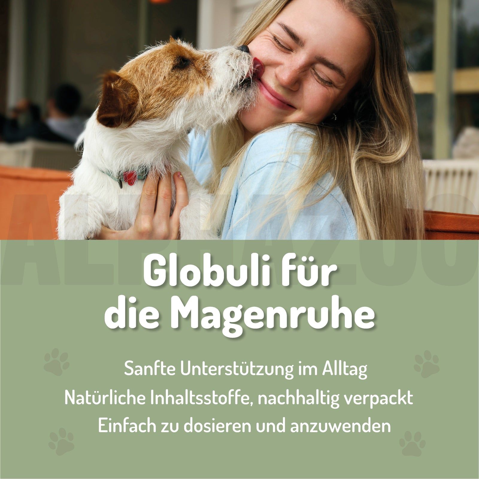 Ein Hund leckt eine junge Frau, die ihn umarmt. Globuli für die Magenruhe.