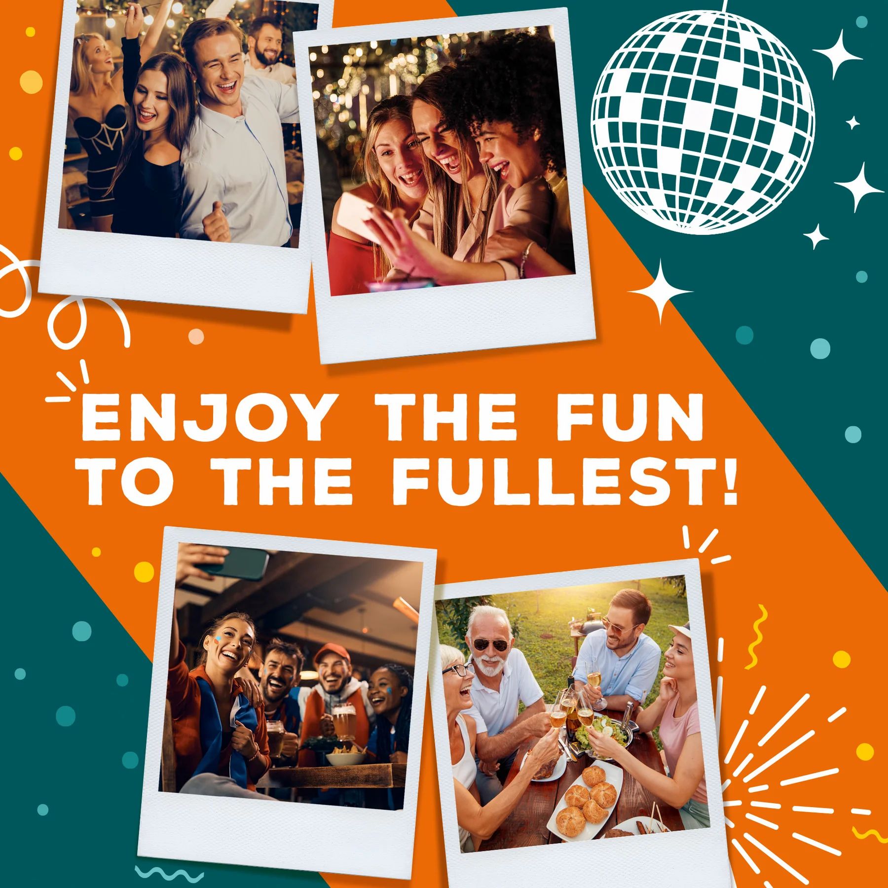 Werbebild mit Fotos von Menschen, die Spaß haben. Enthält den Text 'Enjoy the fun to the fullest!'