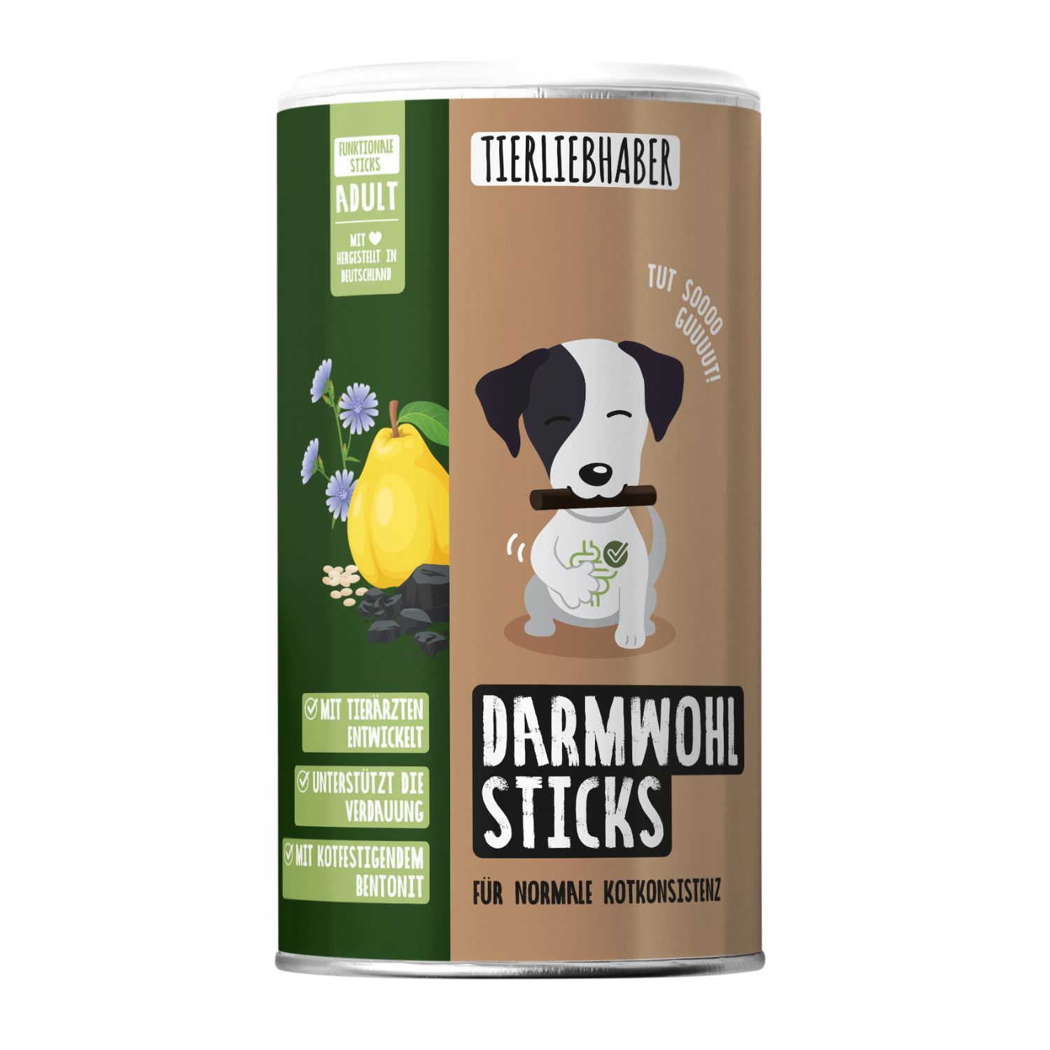 Dose mit Hundekeksen, Aufschrift 'Tierliebhaber Darmwohl Sticks'.