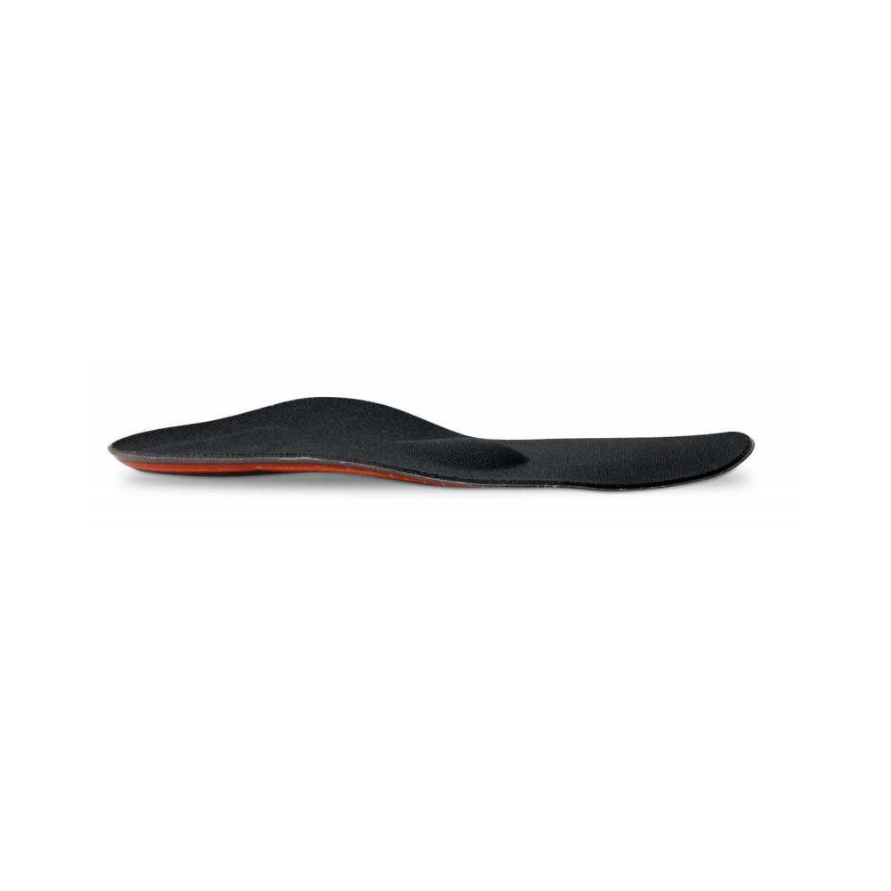 Schwarze Einlegesohle mit orangefarbenem Akzent an der Ferse. Anatomische Form.
