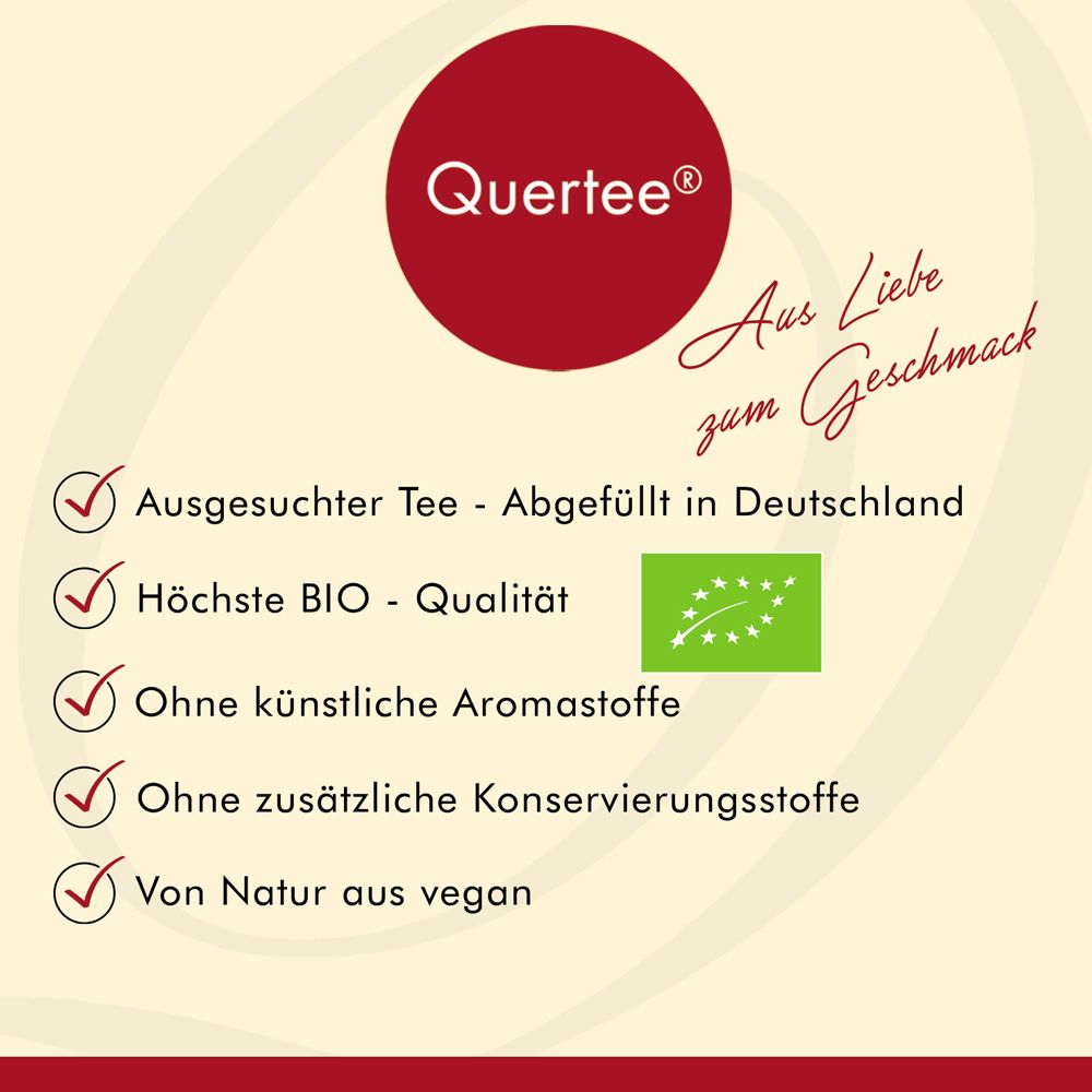 Quertee®-Logo auf cremefarbenem Hintergrund. Text: Ausgesuchter Tee, Höchste BIO-Qualität, Ohne künstliche Aromastoffe, Ohne Konservierungsstoffe, Vegan.