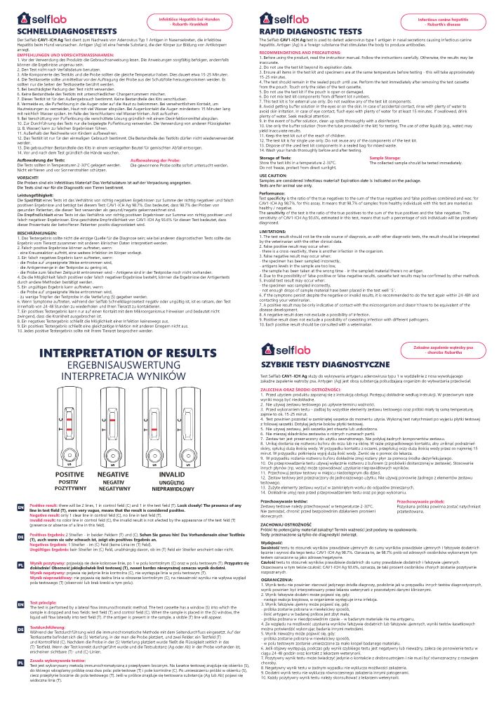 Mehrsprachige Gebrauchsanweisung für einen Schnelltest. Enthält Informationen zur Interpretation der Ergebnisse.