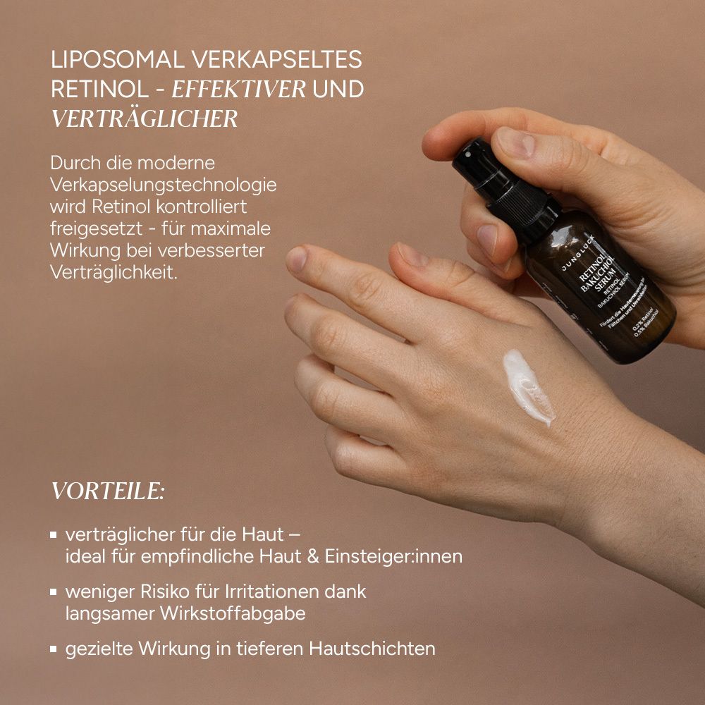 Hand mit Serum auf der Haut. Text: Liposomal verkapseltes Retinol. Vorteile: verträglicher, weniger Irritationen, gezielte Wirkung in tieferen Hautschichten.