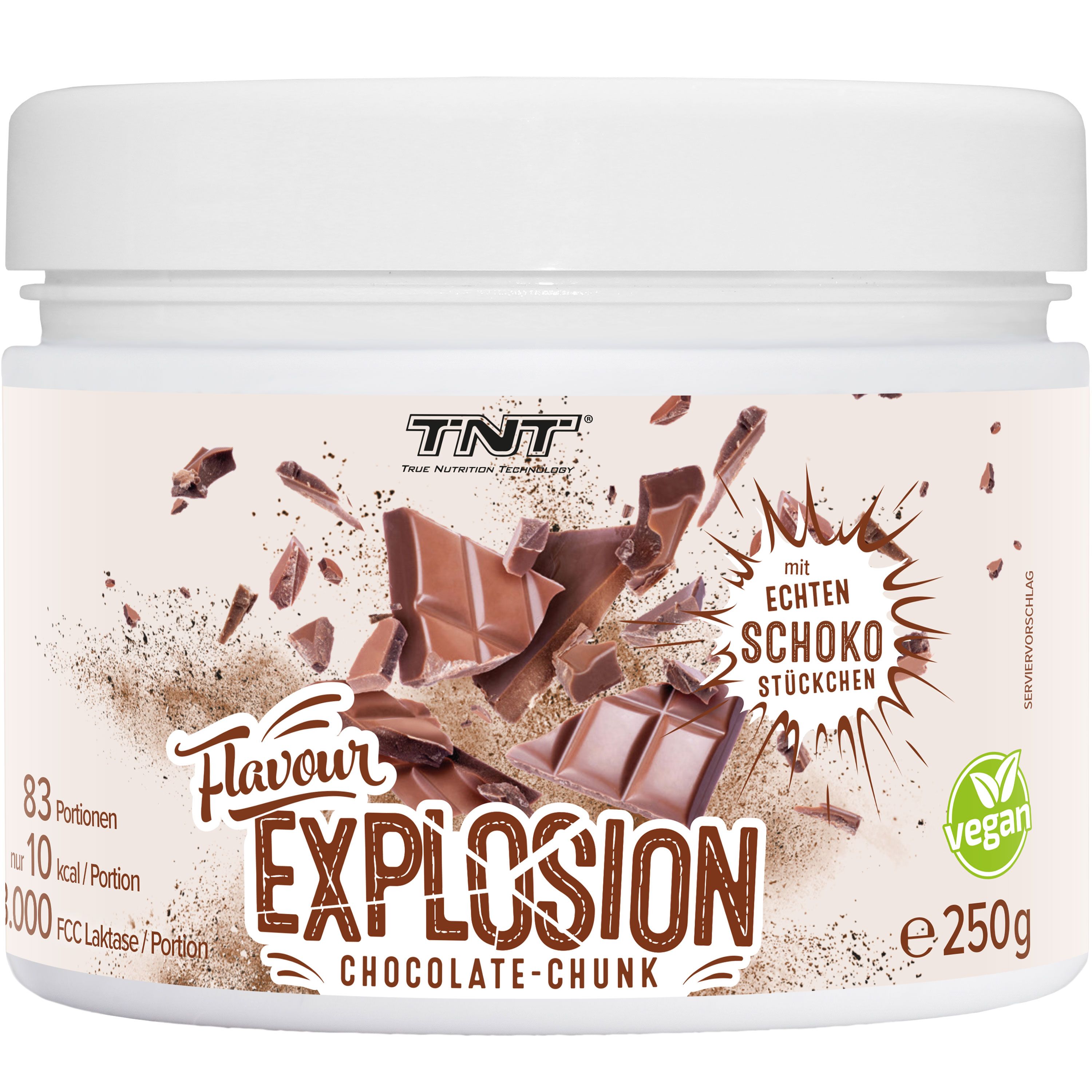 Weißes Produktglas mit braunem Etikett. Aufschrift: Flavour Explosion, Schokostückchen, vegan. 250g. TNT Logo.