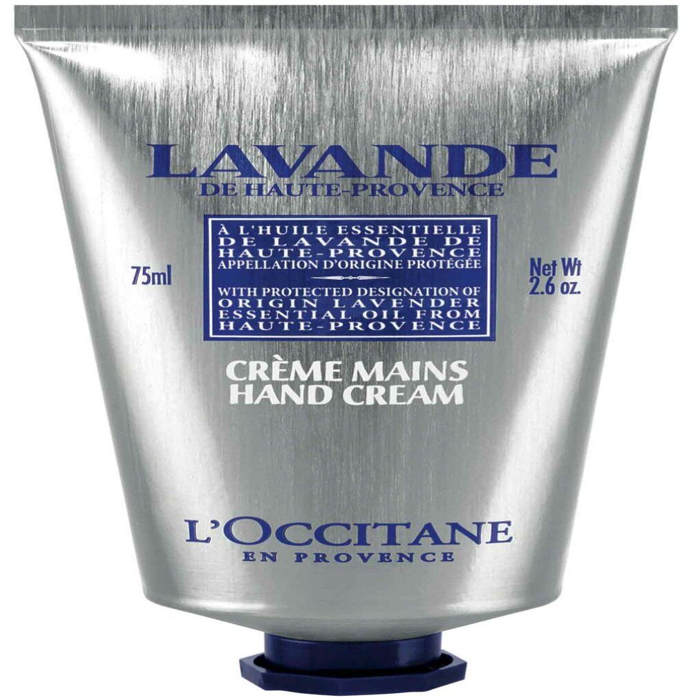 Silberfarbene Tube. Text: Lavande, Crème Mains Hand Cream, L'Occitane en Provence. Schwarzer Deckel. 75ml.