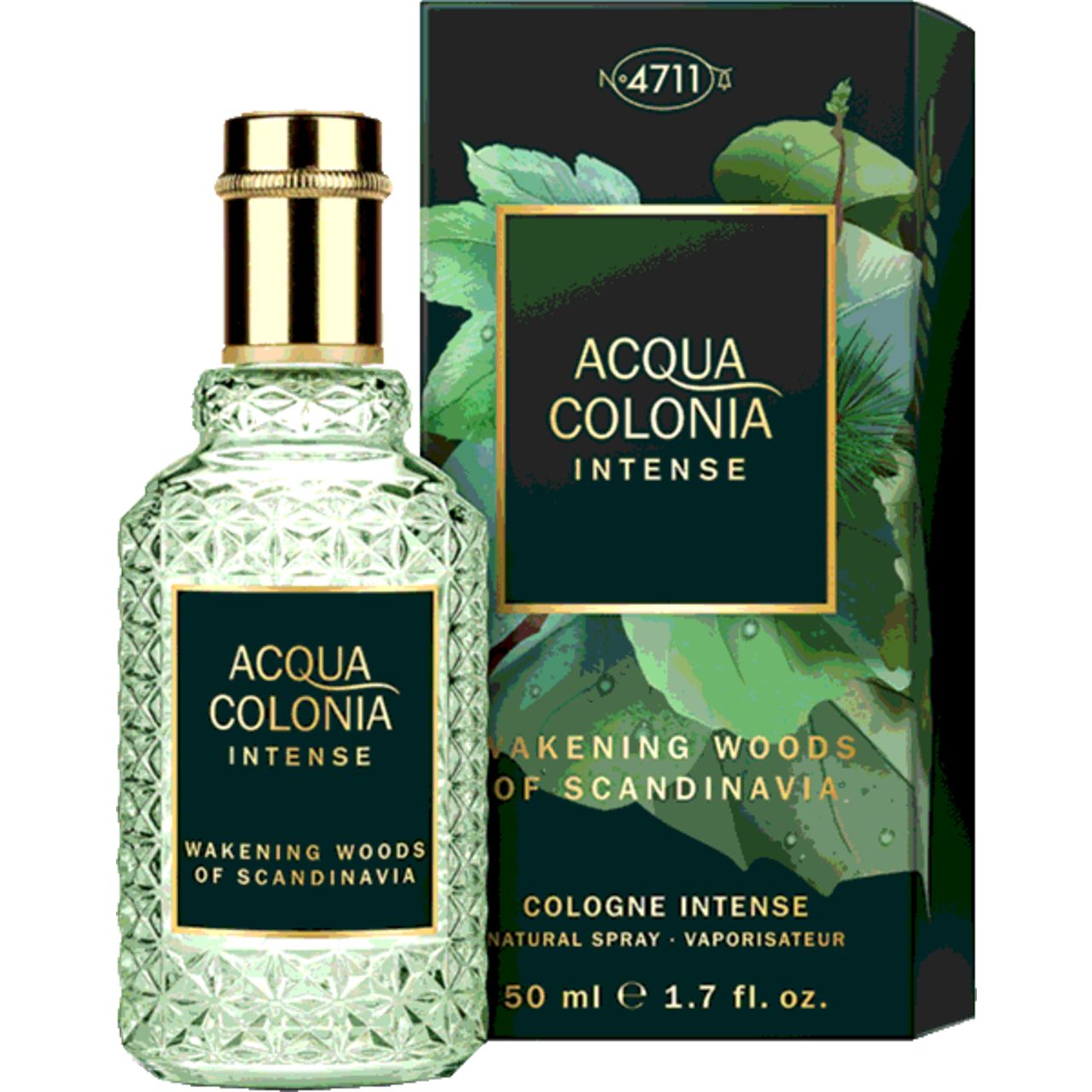 Flakon und Verpackung von 4711 Acqua Colonia Intense. Aufschrift: Wakening Woods of Scandinavia. 50 ml.
