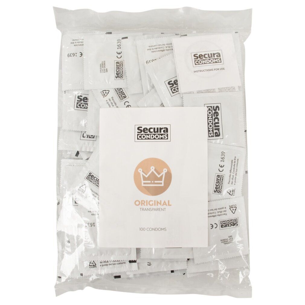 Beutel mit Kondomen. Aufdruck: Secura Condoms, Original, transparent, 100 Kondome. CE-Kennzeichnung.